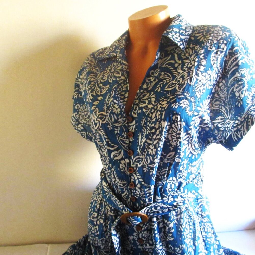 ZARA 100% Cotton Floral Blue Midi Dress Medium Button Front Belt Paisley Print - Picture 10 of 12